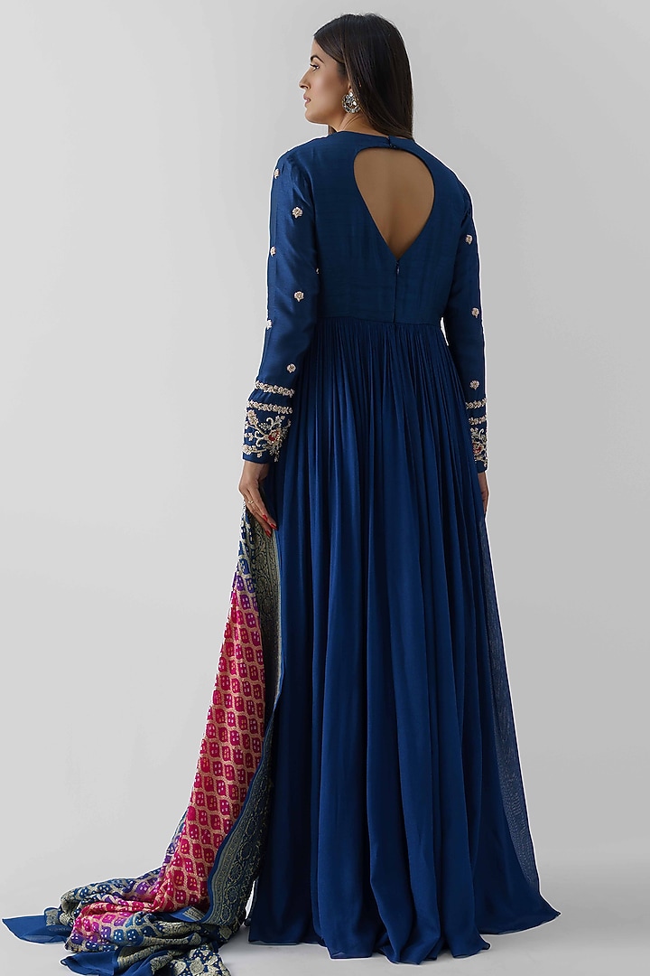 Peacock Blue Hand Embroidered Wedding Anarkali Set by Suruchi Parakh at Pernia's Pop Up Shop