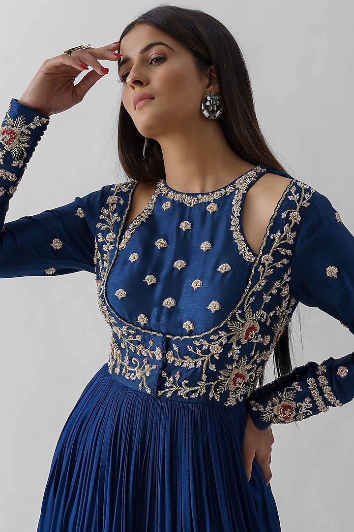 Peacock Blue Hand Embroidered Wedding Anarkali Set by Suruchi Parakh at Pernia's Pop Up Shop