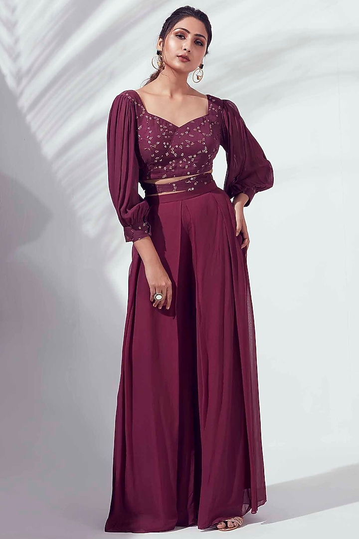 Wine Chanderi Silk & Georgette Flared Pant Set by Suruchi Parakh at Pernia's Pop Up Shop