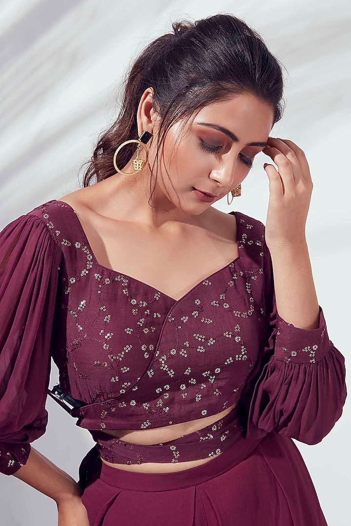 Wine Chanderi Silk & Georgette Flared Pant Set by Suruchi Parakh at Pernia's Pop Up Shop