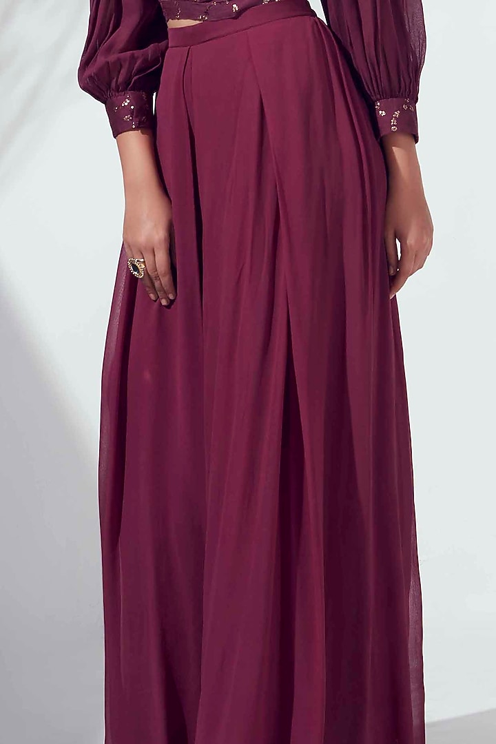 Wine Chanderi Silk & Georgette Flared Pant Set by Suruchi Parakh at Pernia's Pop Up Shop