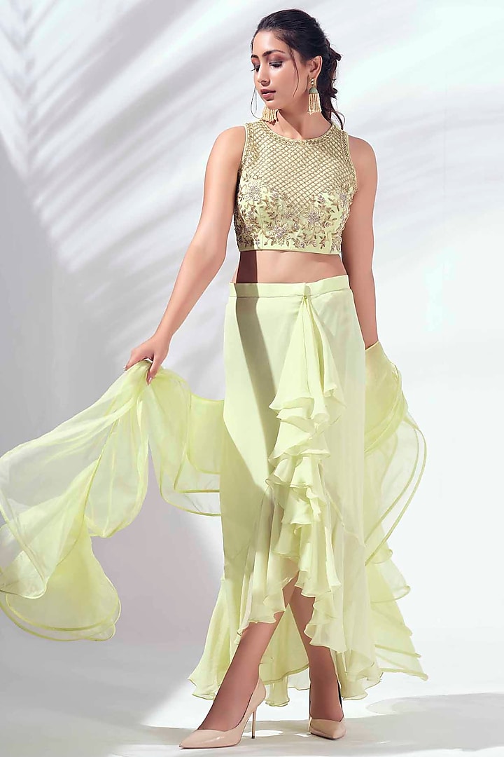 Mint Green Draped Skirt Set by Suruchi Parakh