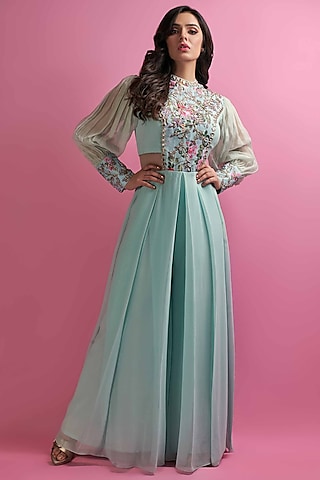 Light Blue Floral Printed Jumpsuit by Suruchi Parakh