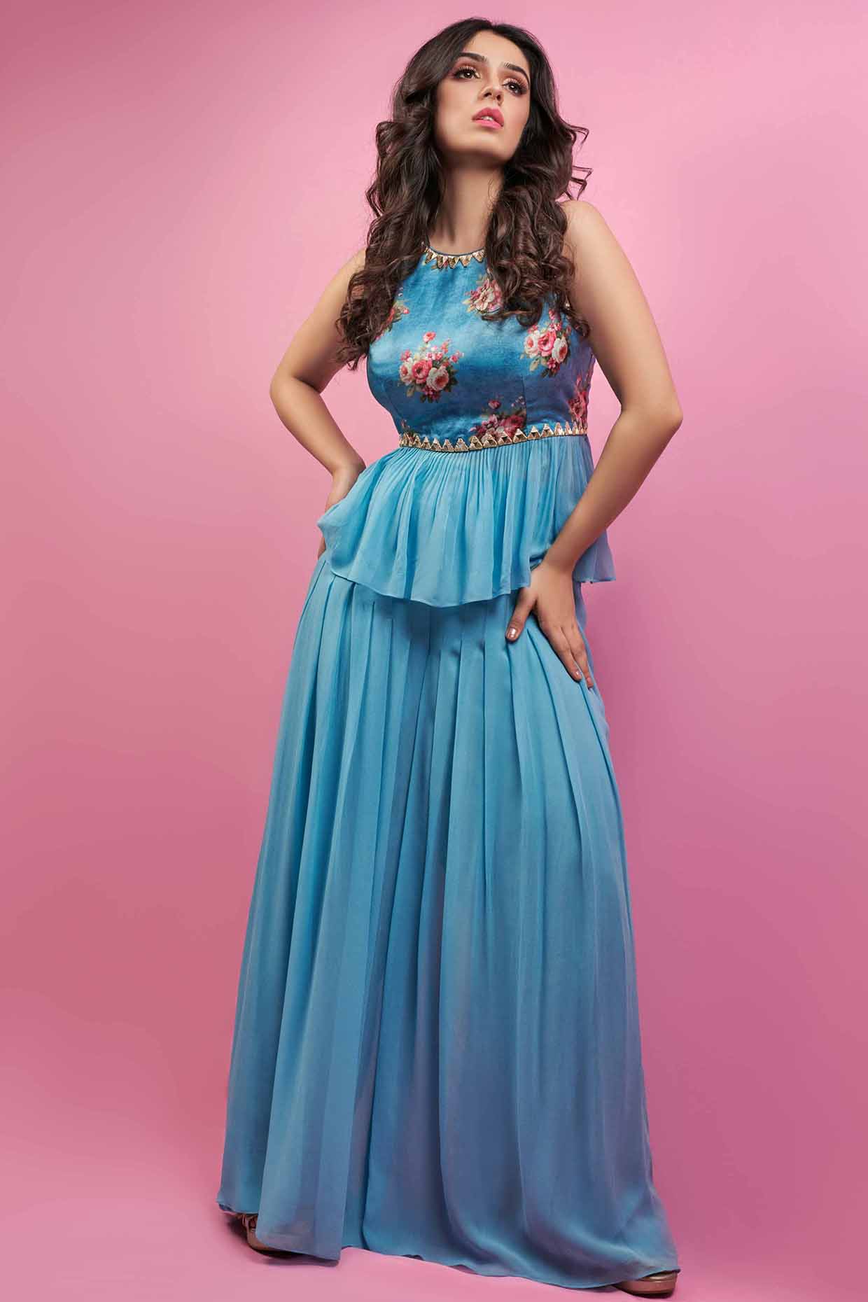 Bright Blue Georgette Flared Pant Set by Suruchi Parakh at Pernia's Pop Up Shop