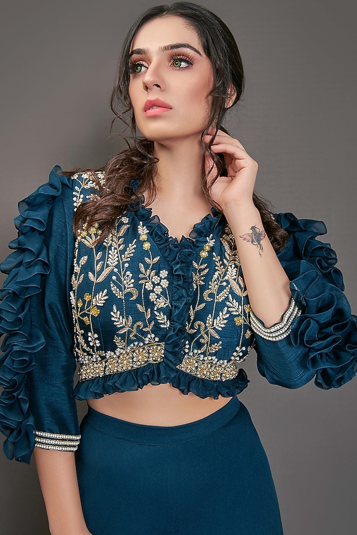 Teal Georgette Crepe Flared Pant Set by Suruchi Parakh at Pernia's Pop Up Shop