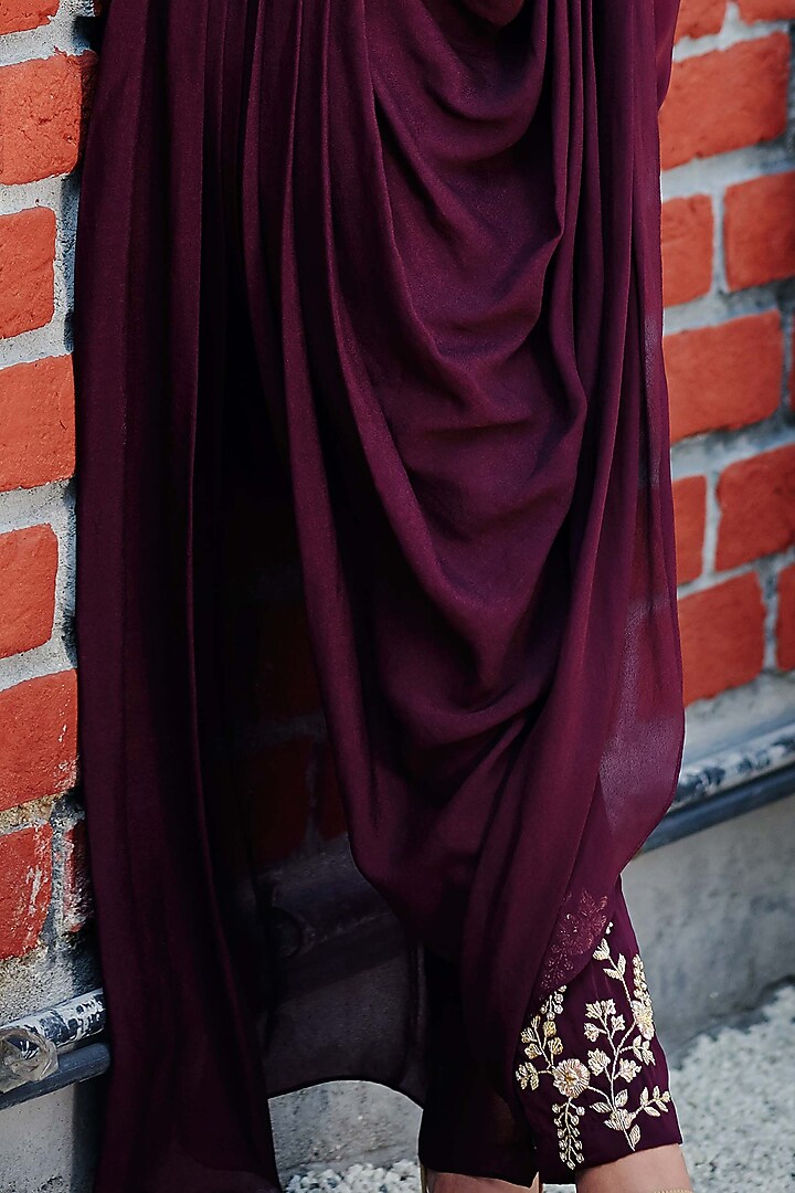 Wine Satin Silk Mirror Embroidered Pant Party Wear Saree Set by Suruchi Parakh at Pernia's Pop Up Shop