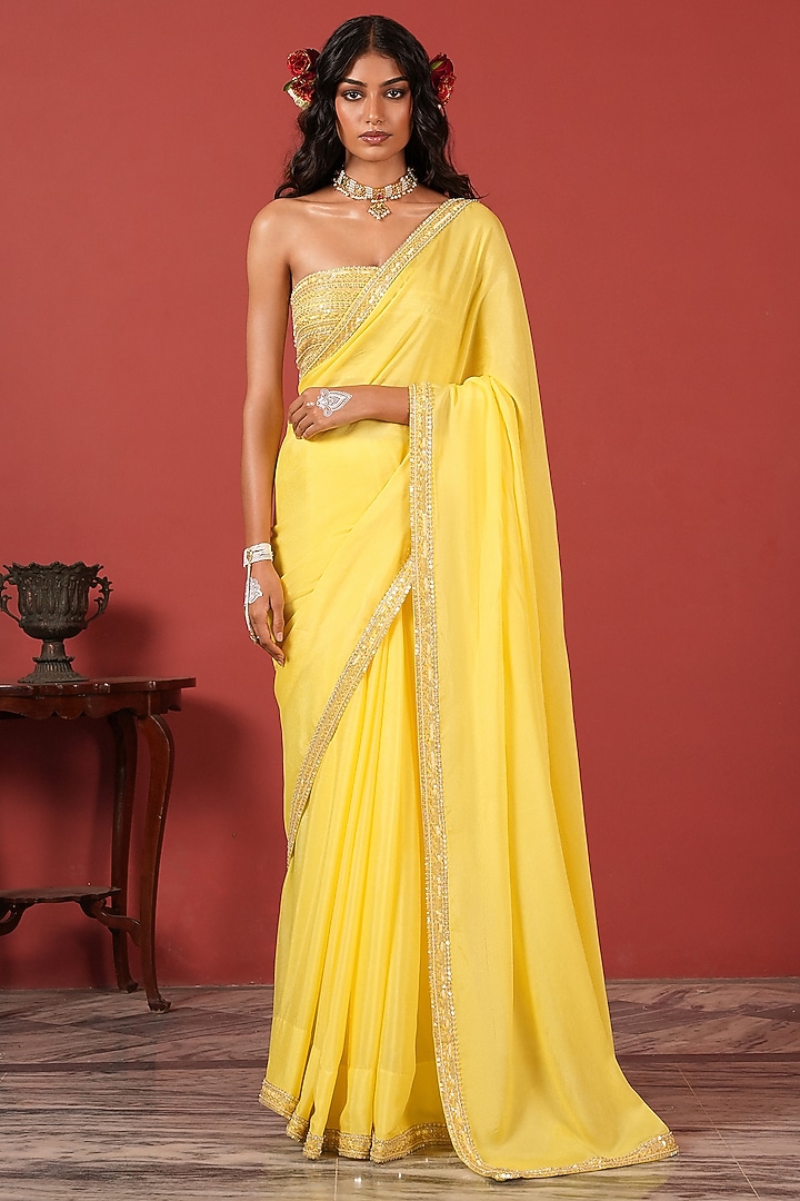 Yellow Georgette Crepe Handwork Wedding Saree Set by Suruchi Parakh at Pernia's Pop Up Shop