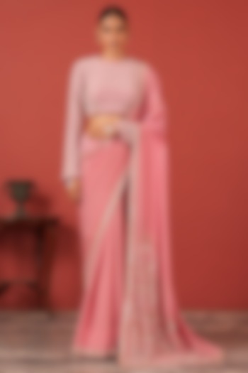 Pink Georgette Crepe Embroidered Wedding Saree Set by Suruchi Parakh at Pernia's Pop Up Shop