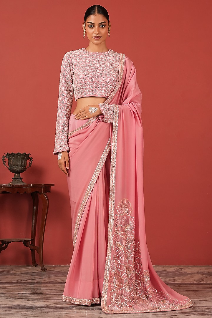 Pink Georgette Crepe Embroidered Wedding Saree Set by Suruchi Parakh at Pernia's Pop Up Shop