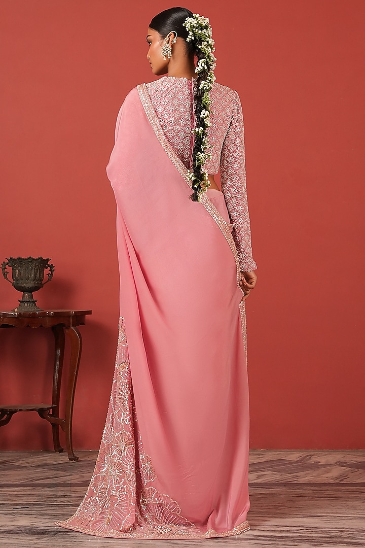Pink Georgette Crepe Embroidered Wedding Saree Set by Suruchi Parakh at Pernia's Pop Up Shop