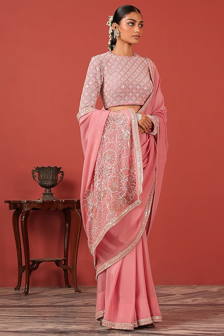 Pink Georgette Crepe Embroidered Wedding Saree Set by Suruchi Parakh at Pernia's Pop Up Shop