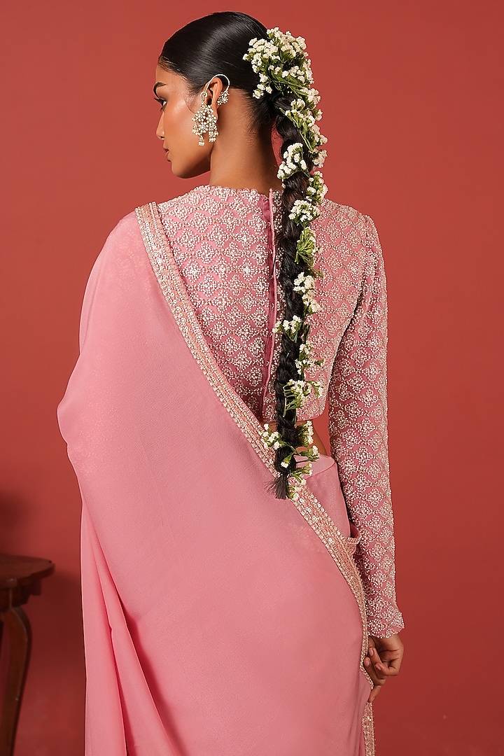 Pink Georgette Crepe Embroidered Wedding Saree Set by Suruchi Parakh at Pernia's Pop Up Shop