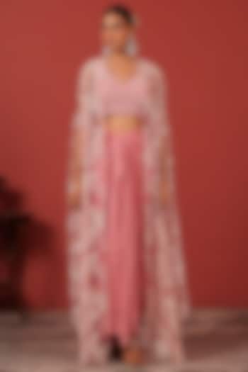 Pink Crepe & Net Sequins Embroidered Cape Set by Suruchi Parakh at Pernia's Pop Up Shop