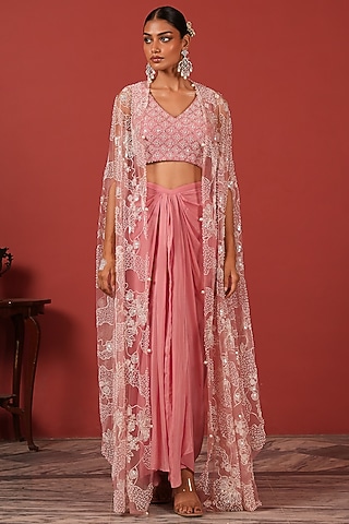 Pink Crepe & Net Sequins Embroidered Cape Set by Suruchi Parakh