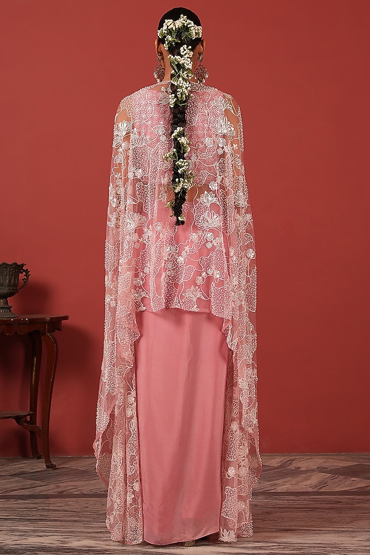Pink Crepe & Net Sequins Embroidered Cape Set by Suruchi Parakh at Pernia's Pop Up Shop