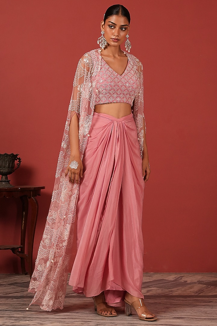 Pink Crepe & Net Sequins Embroidered Cape Set by Suruchi Parakh at Pernia's Pop Up Shop