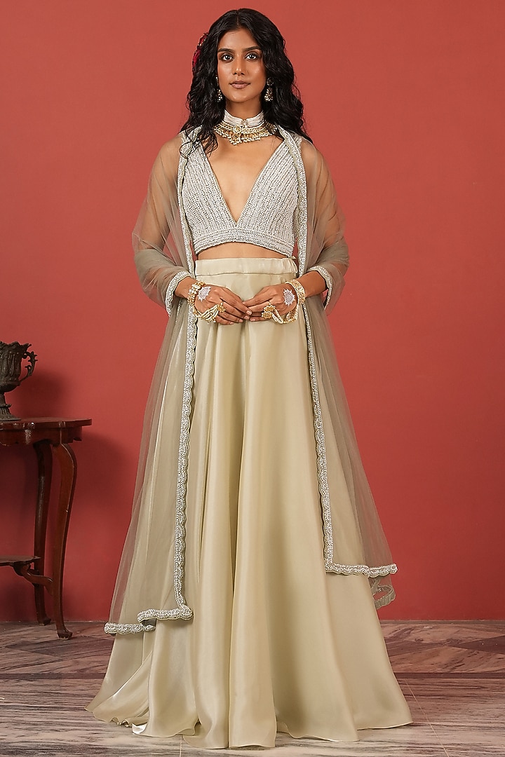 Sea Green Tissue & Net Wedding Lehenga Set by Suruchi Parakh at Pernia's Pop Up Shop
