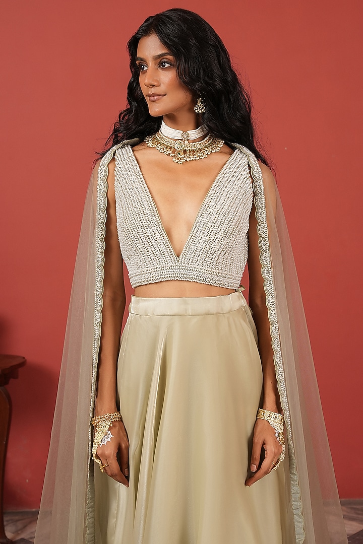 Sea Green Tissue & Net Wedding Lehenga Set by Suruchi Parakh at Pernia's Pop Up Shop