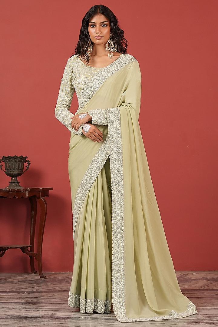 Sea Green Crepe Hand Embroidered Wedding Saree Set by Suruchi Parakh at Pernia's Pop Up Shop