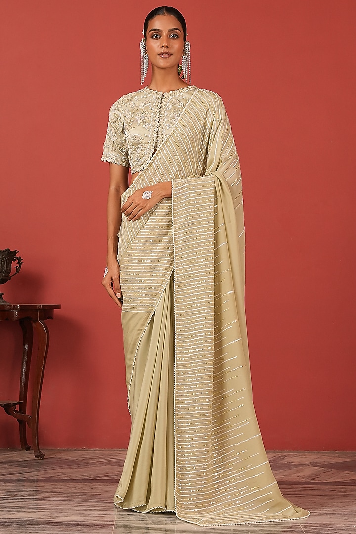 Sea Green Tissue & Crepe Hand Embroidered Wedding Saree Set by Suruchi Parakh at Pernia's Pop Up Shop