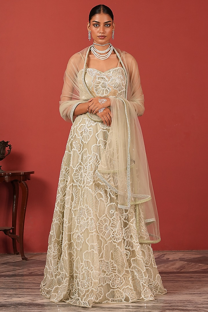 Sea Green Net Embroidered Wedding Lehenga Set by Suruchi Parakh at Pernia's Pop Up Shop