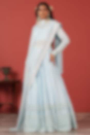 Powder Blue Tussar Silk & Georgette Embroidered Wedding Lehenga Set by Suruchi Parakh at Pernia's Pop Up Shop