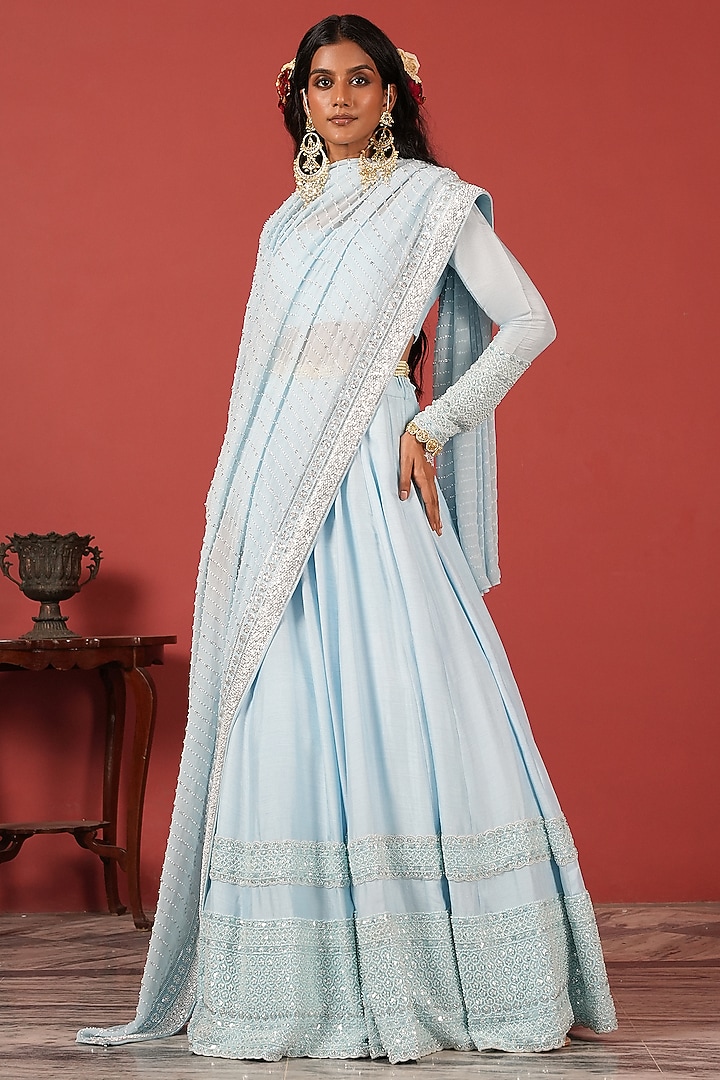 Powder Blue Tussar Silk & Georgette Embroidered Wedding Lehenga Set by Suruchi Parakh at Pernia's Pop Up Shop