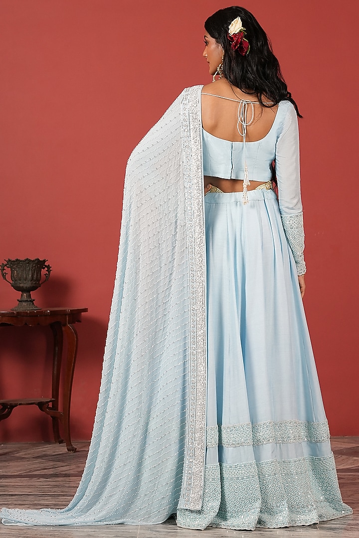 Powder Blue Tussar Silk & Georgette Embroidered Wedding Lehenga Set by Suruchi Parakh at Pernia's Pop Up Shop