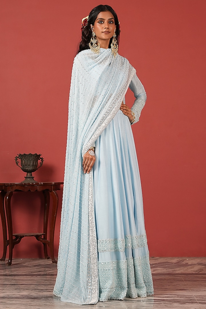 Powder Blue Tussar Silk & Georgette Embroidered Wedding Lehenga Set by Suruchi Parakh at Pernia's Pop Up Shop