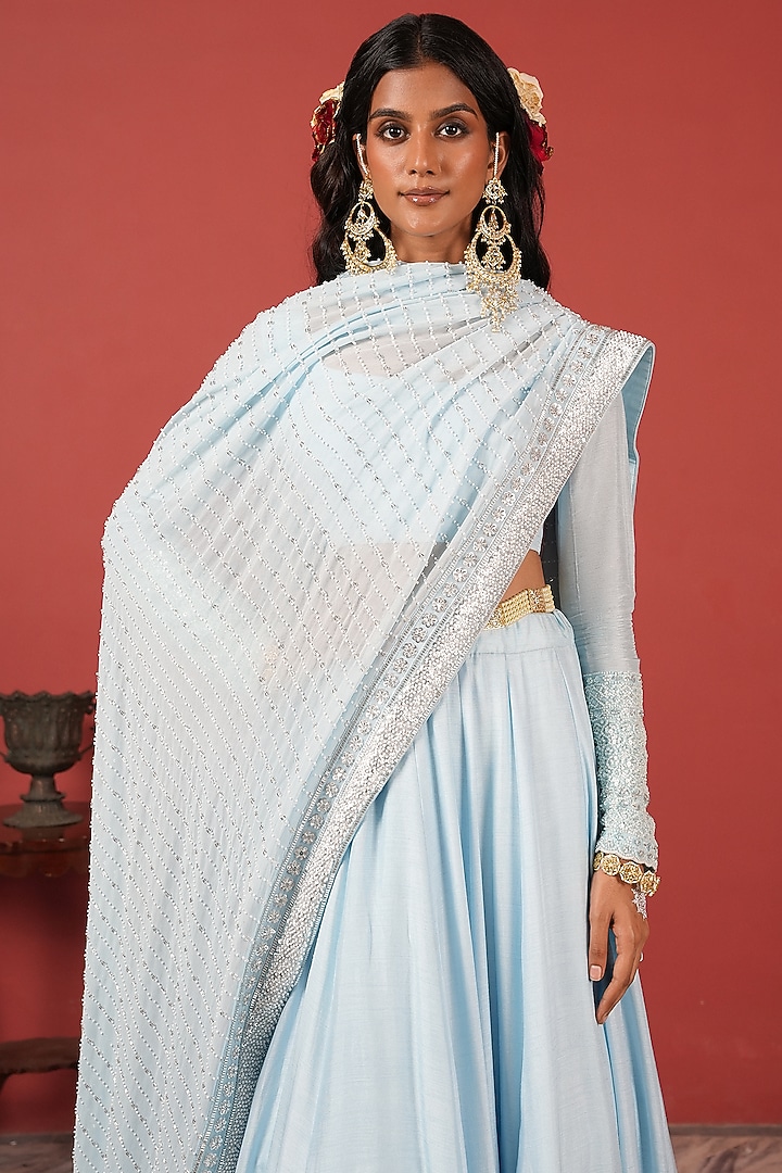 Powder Blue Tussar Silk & Georgette Embroidered Wedding Lehenga Set by Suruchi Parakh at Pernia's Pop Up Shop