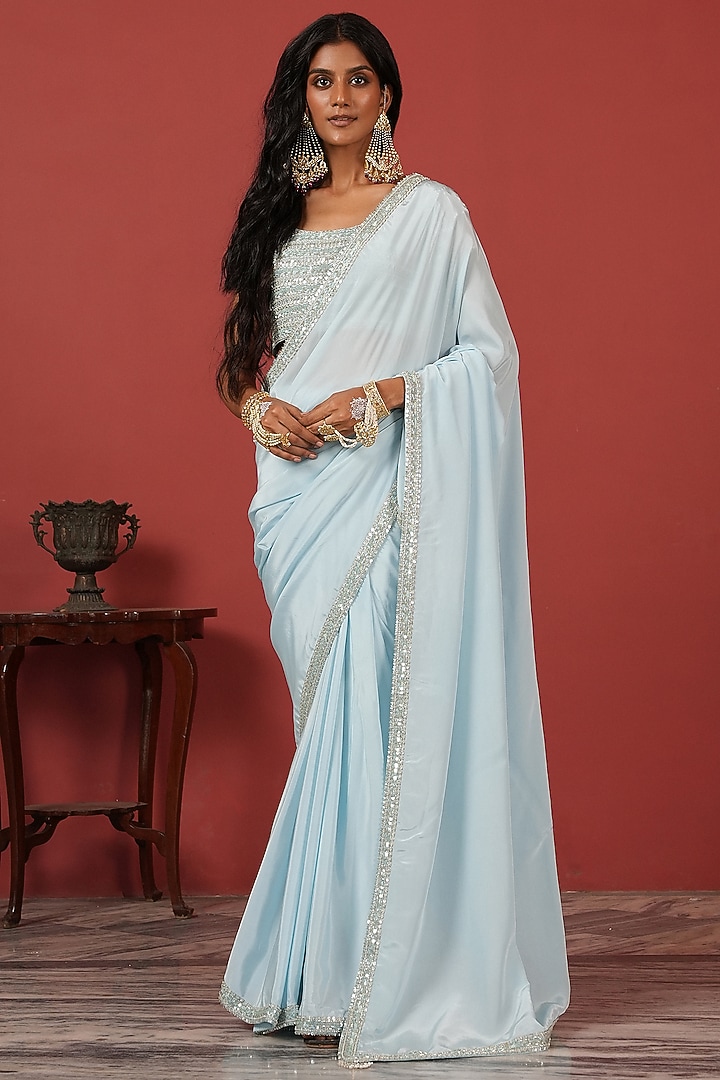 Powder Blue Georgette Crepe Embroidered Wedding Saree Set by Suruchi Parakh at Pernia's Pop Up Shop