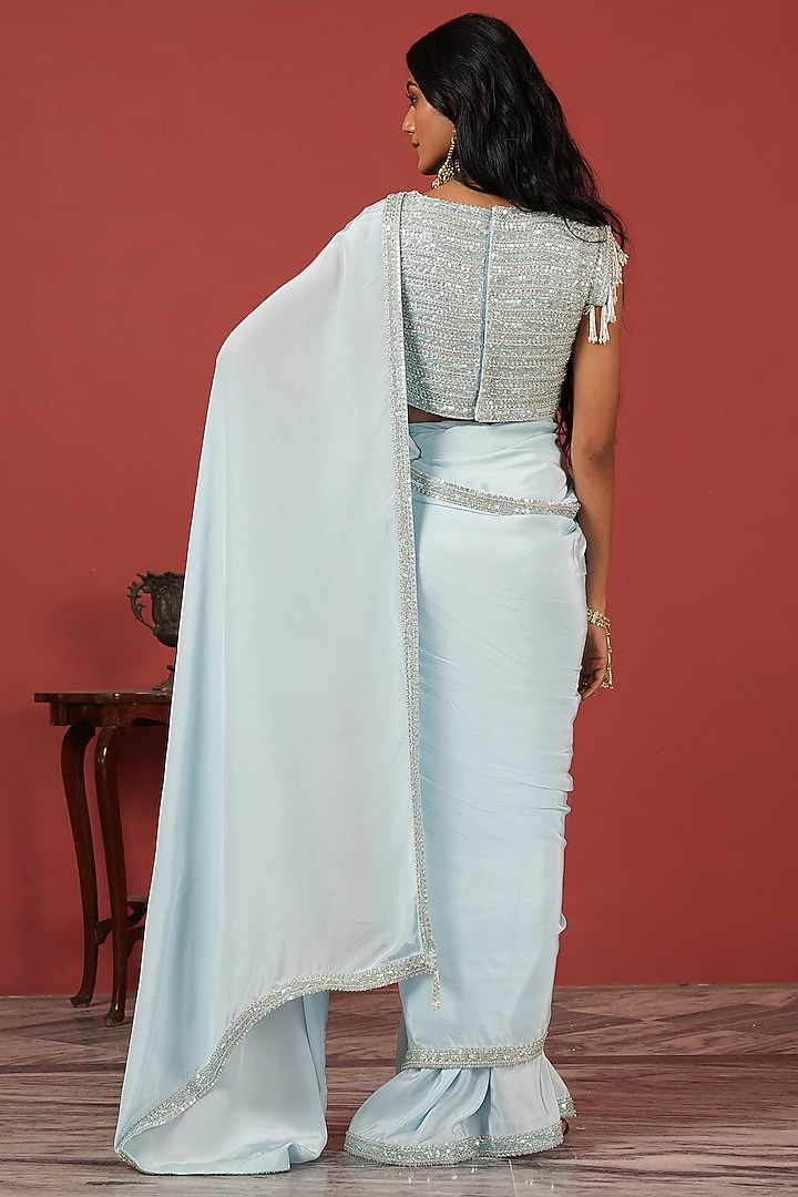 Powder Blue Georgette Crepe Embroidered Wedding Saree Set by Suruchi Parakh at Pernia's Pop Up Shop