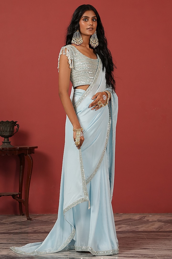 Powder Blue Georgette Crepe Embroidered Wedding Saree Set by Suruchi Parakh at Pernia's Pop Up Shop