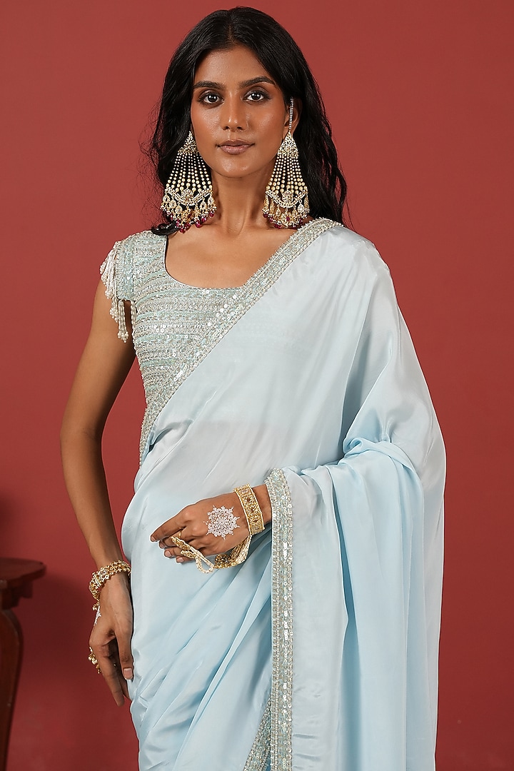 Powder Blue Georgette Crepe Embroidered Wedding Saree Set by Suruchi Parakh at Pernia's Pop Up Shop
