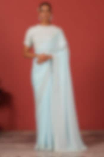 Powder Blue Crepe Embroidered Wedding Saree Set by Suruchi Parakh at Pernia's Pop Up Shop