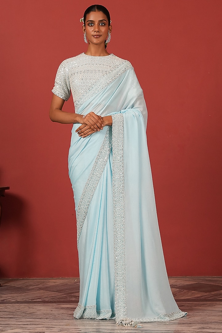 Powder Blue Crepe Embroidered Wedding Saree Set by Suruchi Parakh at Pernia's Pop Up Shop