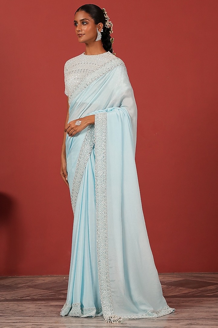 Powder Blue Crepe Embroidered Wedding Saree Set by Suruchi Parakh at Pernia's Pop Up Shop