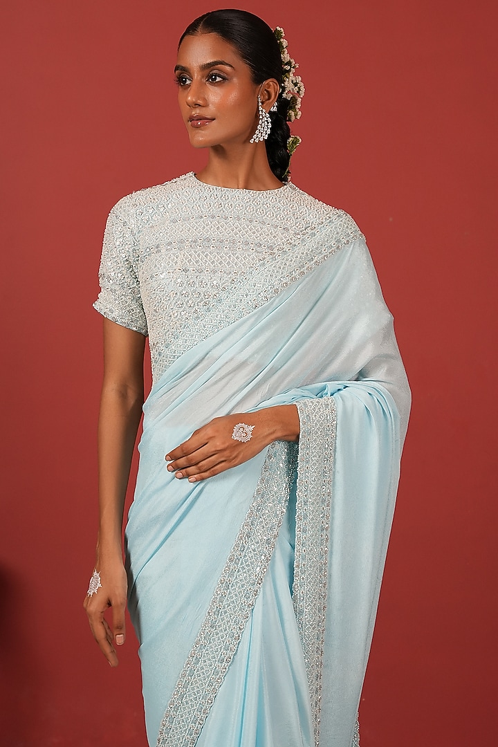 Powder Blue Crepe Embroidered Wedding Saree Set by Suruchi Parakh at Pernia's Pop Up Shop