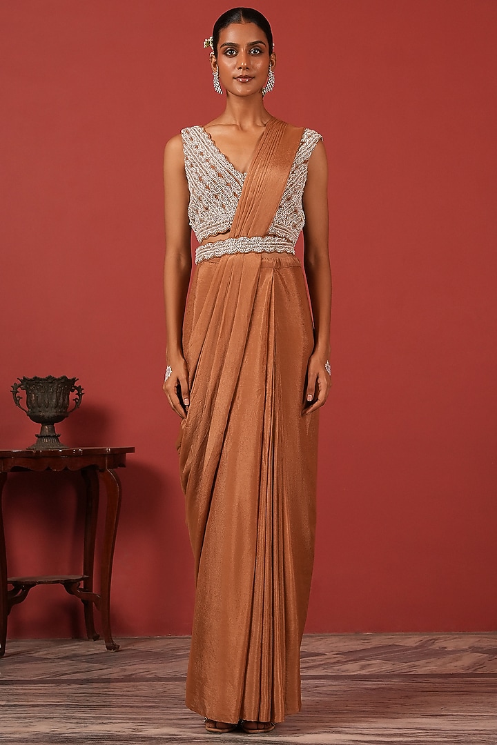Brown Crepe Pre-Draped Wedding Saree Set by Suruchi Parakh at Pernia's Pop Up Shop