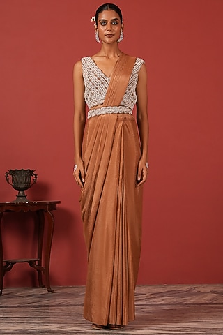 Brown Crepe Pre-Draped Saree Set by Suruchi Parakh