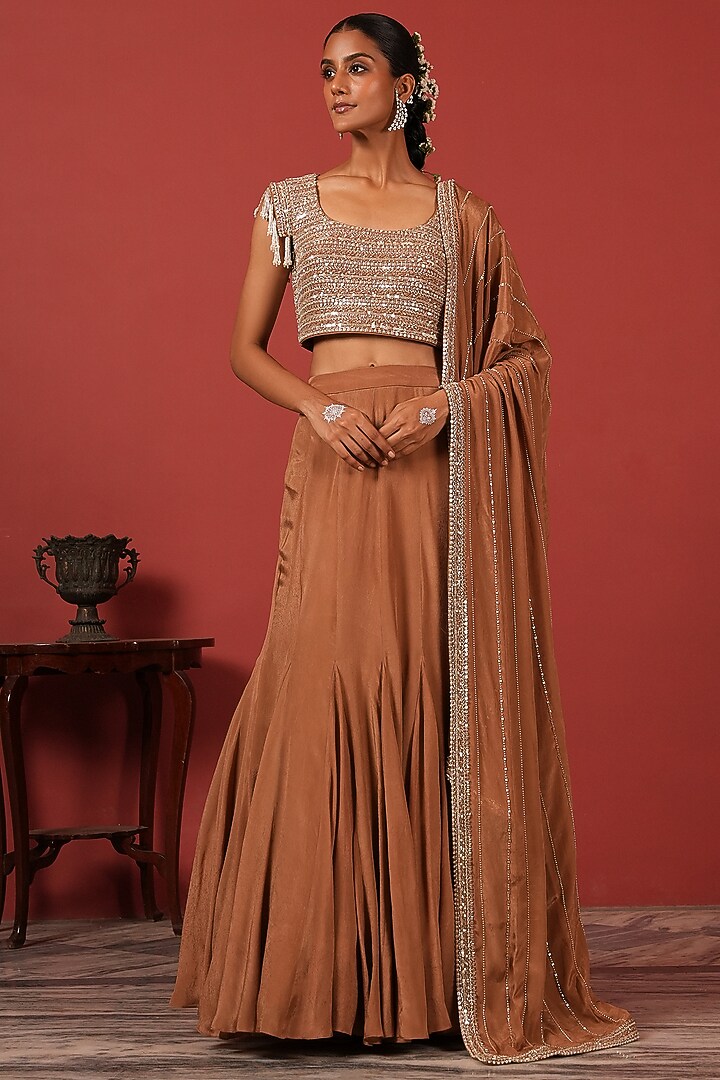 Champagne Georgette Crepe Wedding Lehenga Set by Suruchi Parakh at Pernia's Pop Up Shop