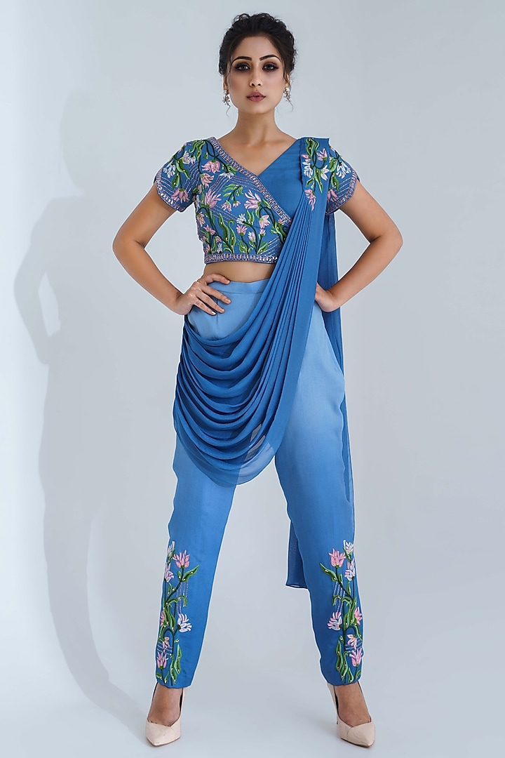 Blue Ombre Pre-Draped Pant Saree Set by Suruchi Parakh