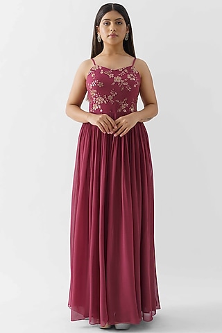 Wine Sequins Embroidered Dress by Suruchi Parakh