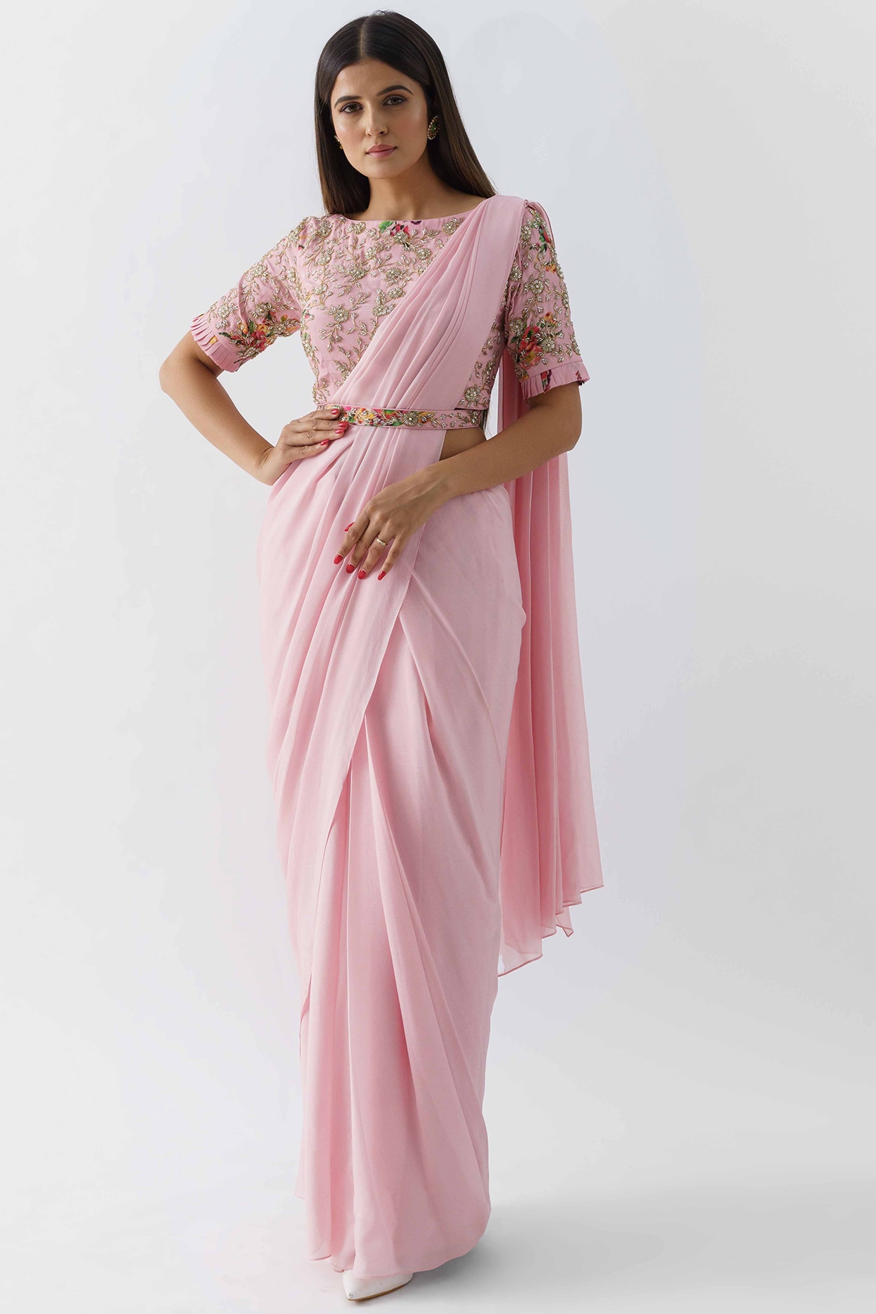 Trendy Resham Work Embroidered Net Light Pink Saree|SARV148231