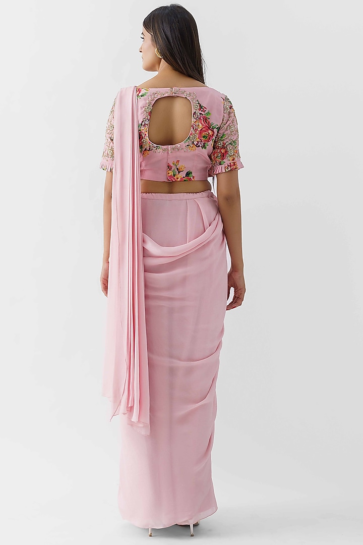 Blush Pink Georgette Crepe Pre-Draped Party Wear Saree Set by Suruchi Parakh at Pernia's Pop Up Shop