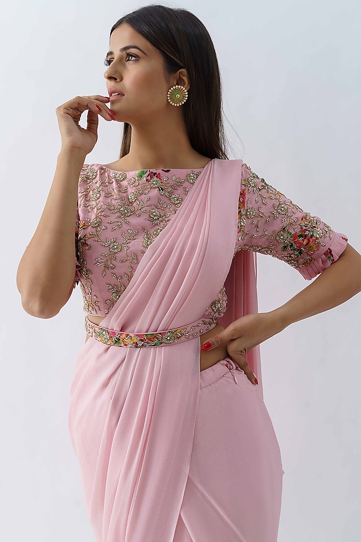 Blush Pink Georgette Crepe Pre-Draped Party Wear Saree Set by Suruchi Parakh at Pernia's Pop Up Shop