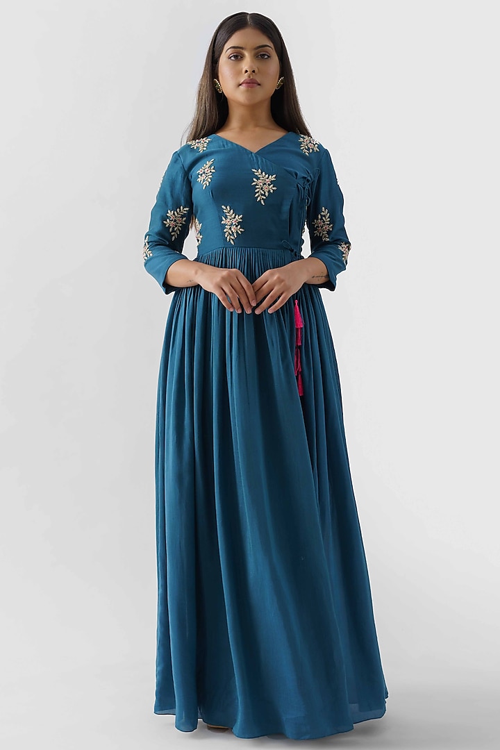 Peacock Blue Angrakha Dress by Suruchi Parakh