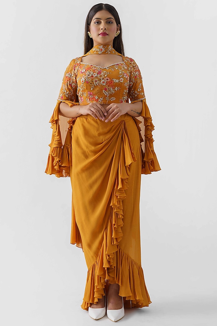Mustard Yellow Draped Skirt Set by Suruchi Parakh
