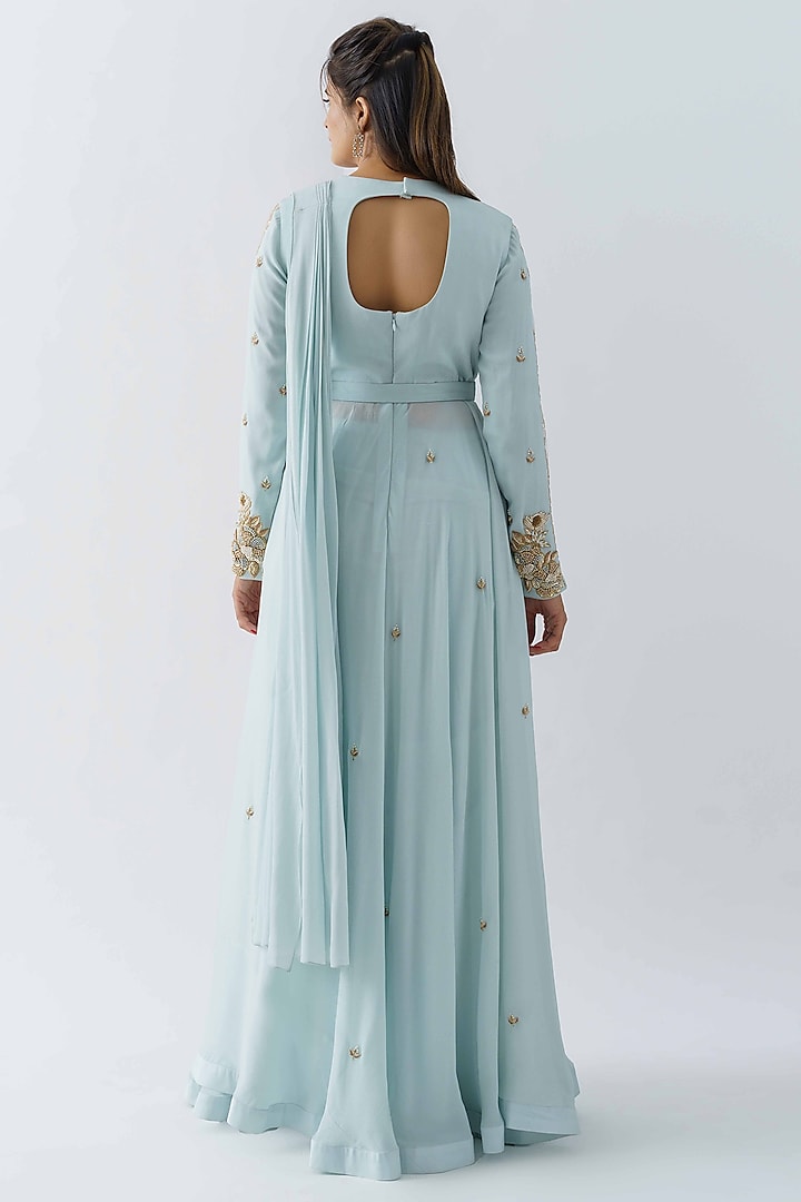 Light Blue Pre-Draped Wedding Saree Set by Suruchi Parakh at Pernia's Pop Up Shop
