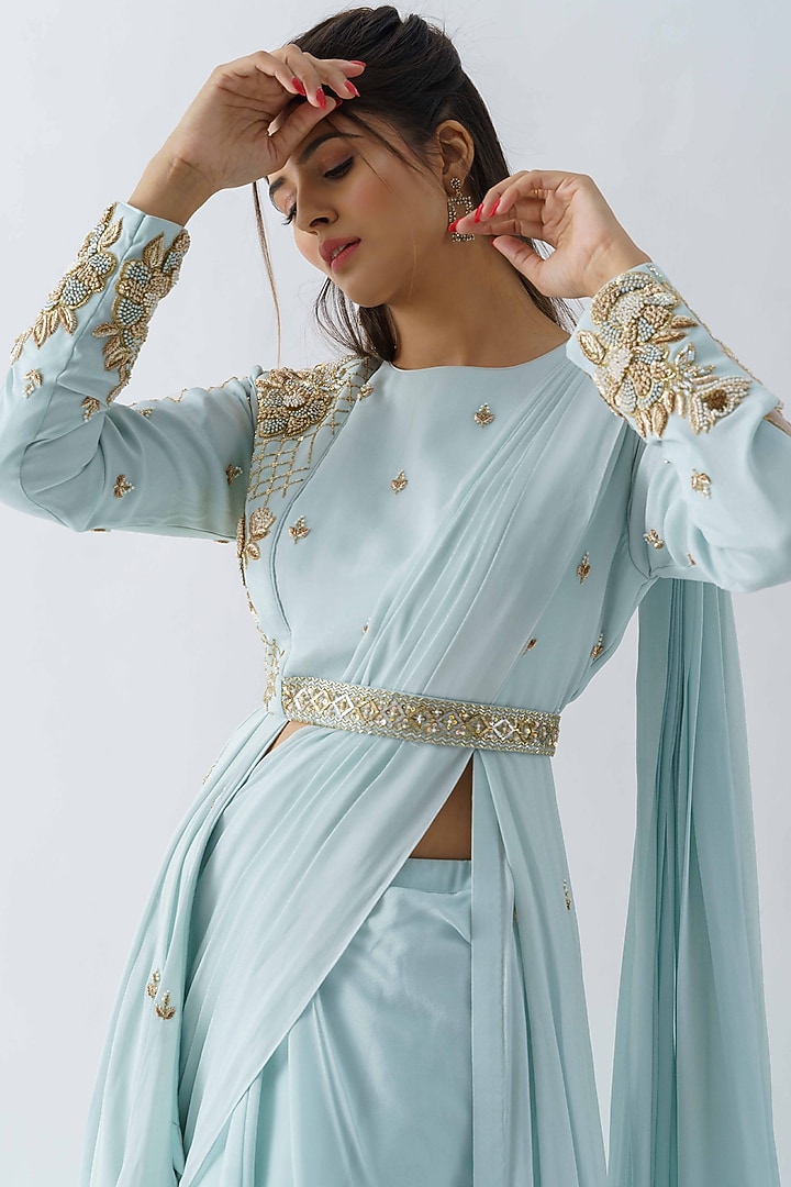 Light Blue Pre-Draped Wedding Saree Set by Suruchi Parakh at Pernia's Pop Up Shop